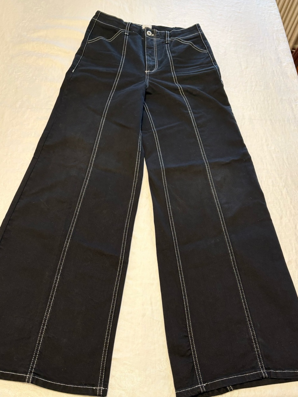Maeve Dark Denim Pants with Contrast White Topstitching